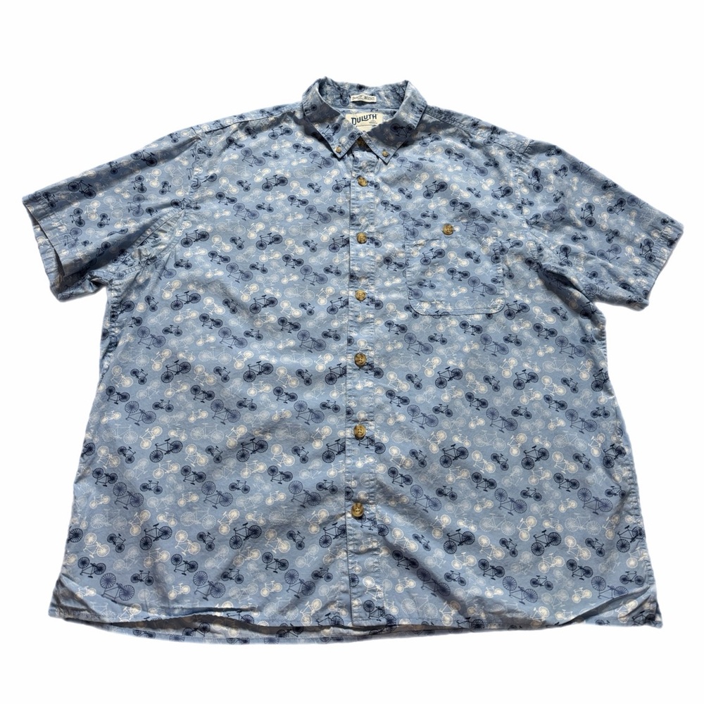 Duluth Men’s Bicycle Pattern Blue Cotton Shirt XL Relaxed Fit Short Sleeve